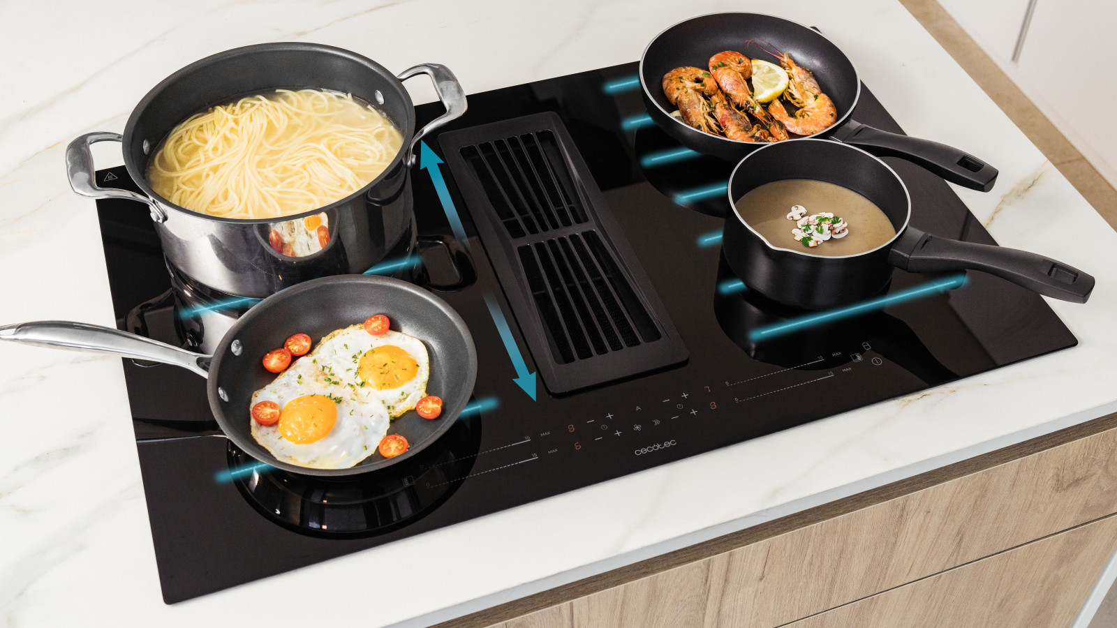7400W: aprovecha su gran potencia máxima de hasta 7400 W y cocina de todo.
Temporizador: programa el cocinado para conseguir resultados perfectos.
Indicador de calor residual: te avisa cuando los fuegos están calientes mediante una luz.
Apagado de seguridad automático: función de seguridad que apaga la placa de manera automática cuando detecta que no está siendo usada.