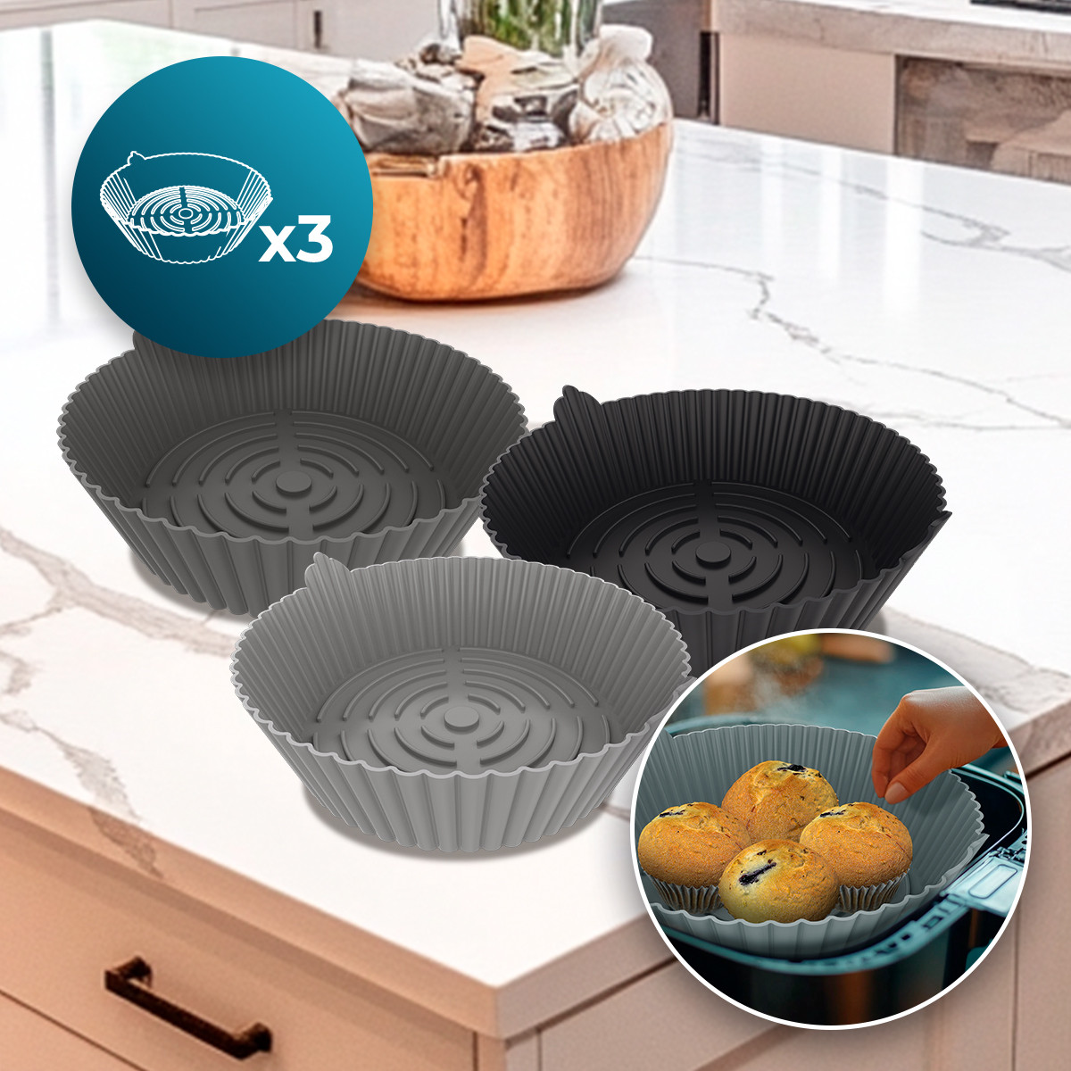 Pack de 3 moldes de silicona circulares para freidora de aire, ofreciendo opciones de tamaño versátiles.