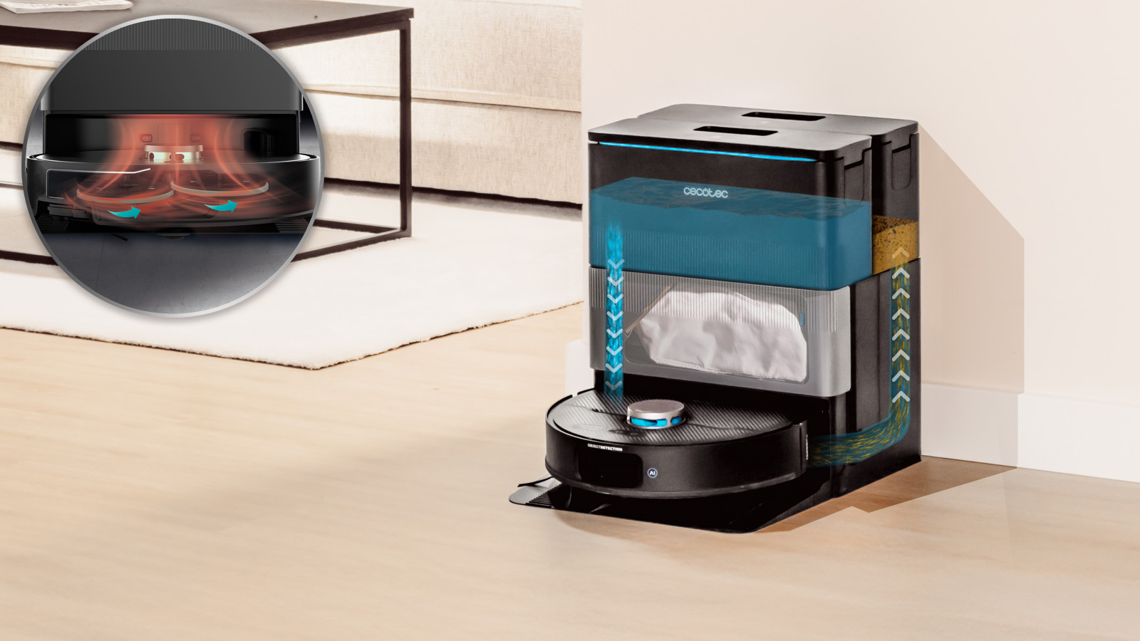 Mopas elevables y extensibles para un fregado profesional: el diseño innovador de Conga incluye mopas que son elevables hasta 8 mm, lo que permite evitar que el agua de las mopas entre en contacto con las alfombras, protegiéndolas de la humedad. Además, sus mopas son extensibles, lo que permite limpiar áreas difíciles como los bordes de las habitaciones o debajo de los muebles. Esta función hace que el fregado sea mucho más eficaz, alcanzando zonas que normalmente se quedarían fuera del alcance de otros robots de limpieza.
