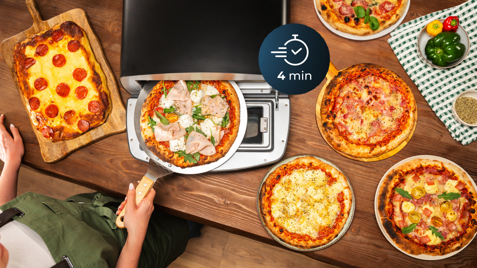 Funciones especializadas: opciones para pizza fina, estilo Nueva York, pan, congelada, personalizada y napolitana, además de funciones de asar, hornear, deshidratar, mantener caliente, asar a la parrilla y gratinar.