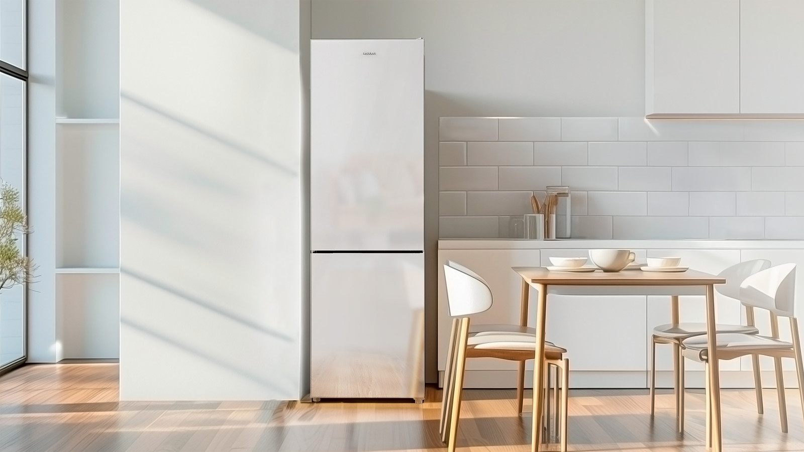 Frigorífico combi cristal blanco con 250 L de capacidad. Clase D: clasificación energética óptima para un frigorífico.