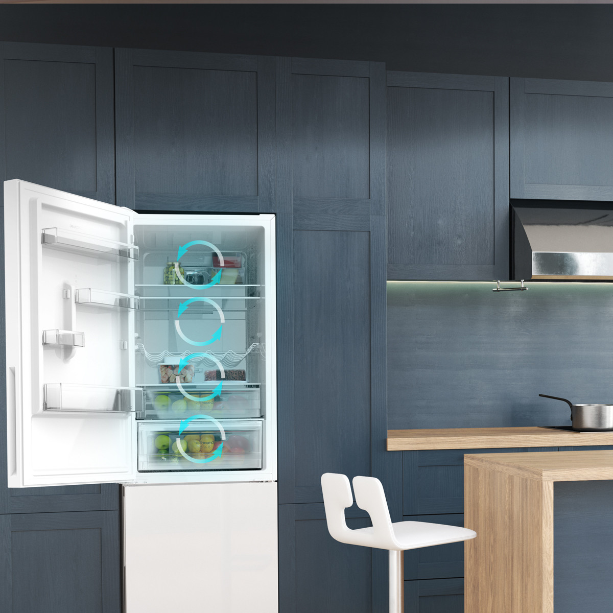 Multi Airflow: temperatura óptima en todo el compartimento que mantiene la vida óptima de los alimentos por un mayor periodo de tiempo gracias a la distribución uniforme de aire frío.