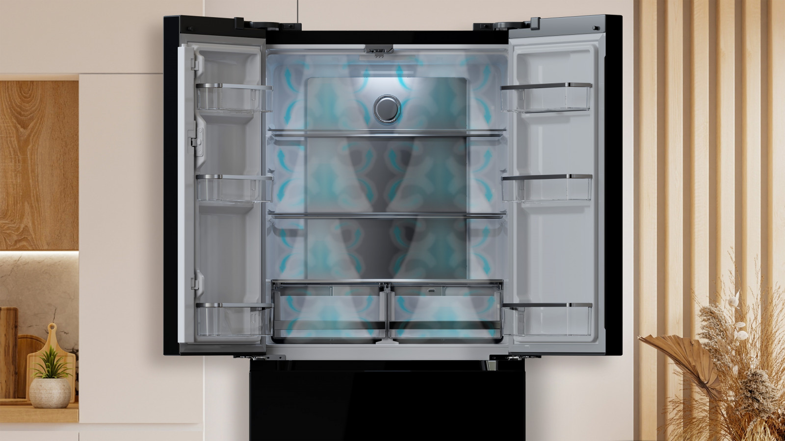 Multi Airflow: temperatura óptima en todo el compartimento que mantiene la vida óptima de los alimentos por un mayor periodo de tiempo gracias a la distribución uniforme de aire frío. Total No Frost: sistema que evita la formación de hielo en los alimentos y frigorífico manteniendo los alimentos y nutrientes durante un mayor periodo de tiempo, gracias a una mejor circulación del aire