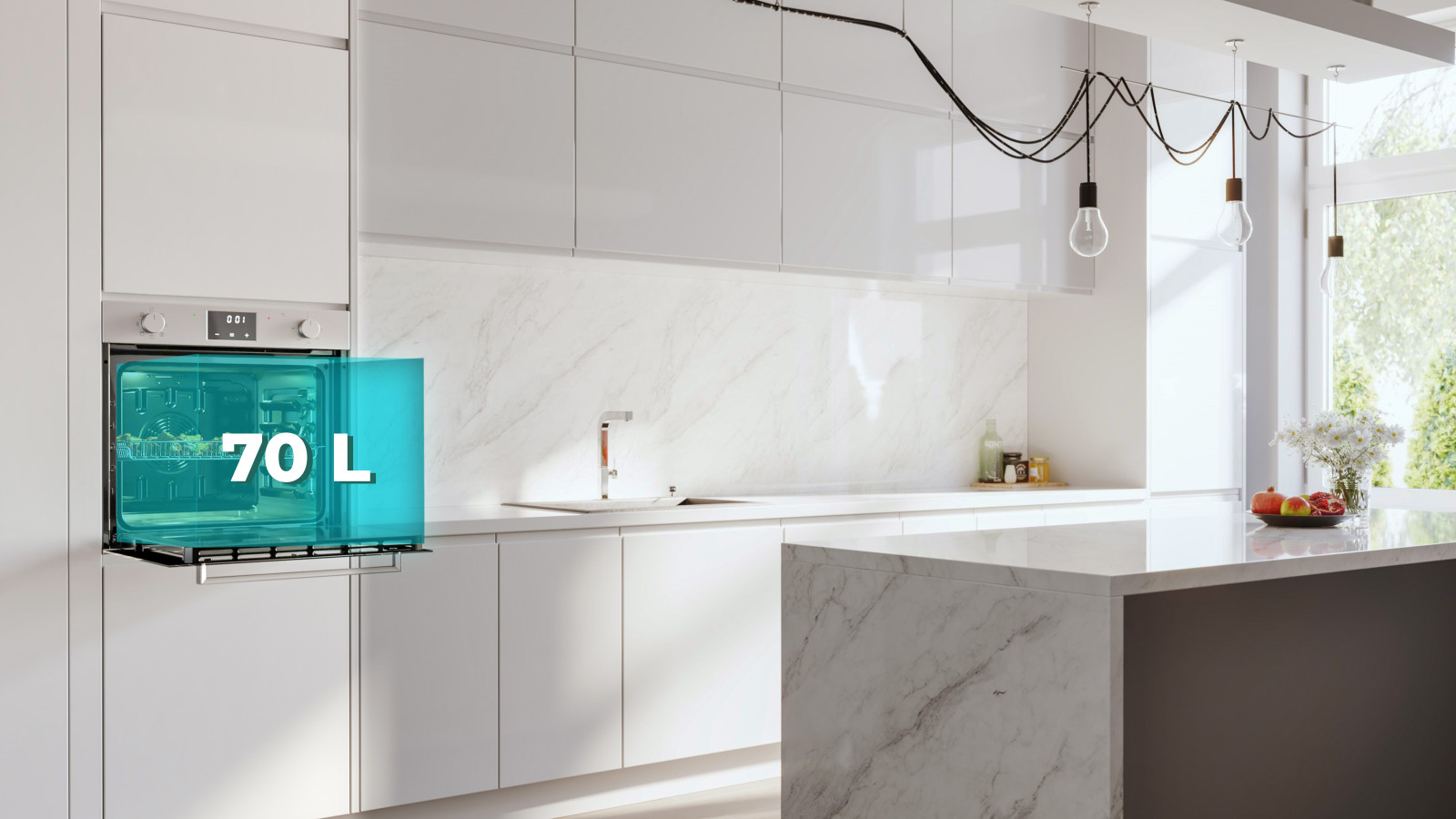 Gran capacidad: cocina para toda la familia con su gran capacidad de 70 litros y 5 posiciones de bandejas. 7 funcniones: Luz Interior, Convencional, Convección, Medio Griil, Modo Grill, Convección + Grill, Modo Eco.
