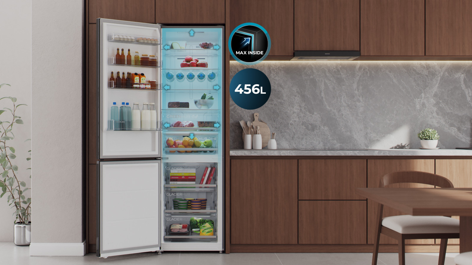 Gracias a las Funciones Fresh Flex y Humidity Flex, puedes personalizar el almacenamiento de tus productos frescos, bebidas y cervezas, manteniéndolas a la temperatura que más te guste.