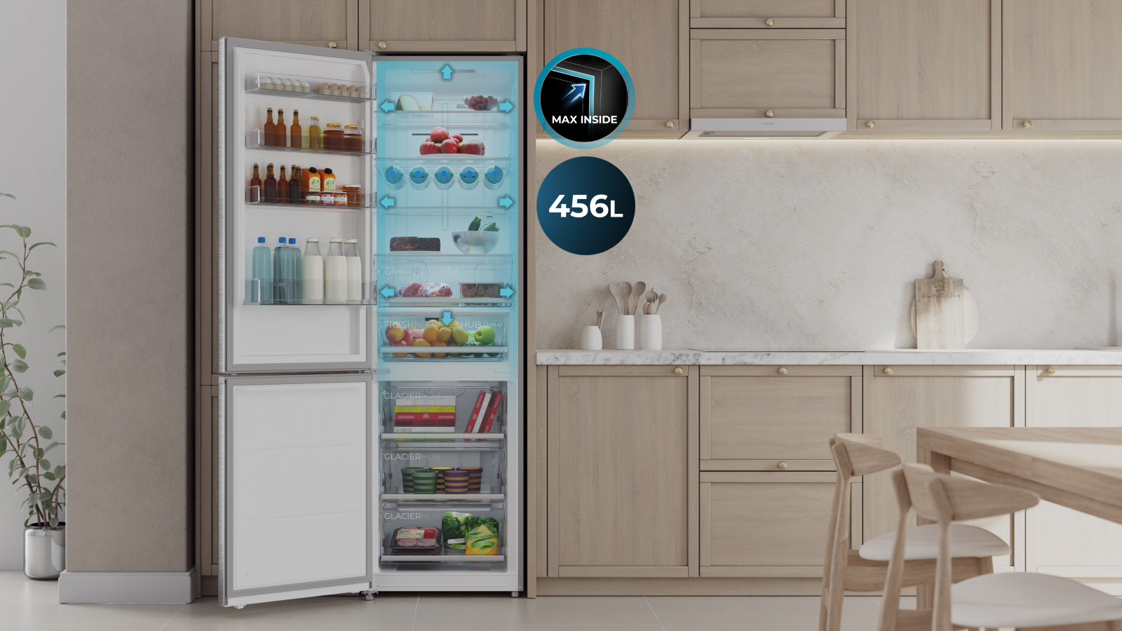 Las funciones Fresh Flex y Humidity Flex te permiten ajustar la temperatura y humedad de los cajones, conservando tanto tus alimentos frescos como bebidas en condiciones óptimas. Además, la tecnología Total No Frost evita la acumulación de hielo, manteniendo el frigorífico libre de escarcha y facilitando su mantenimiento.