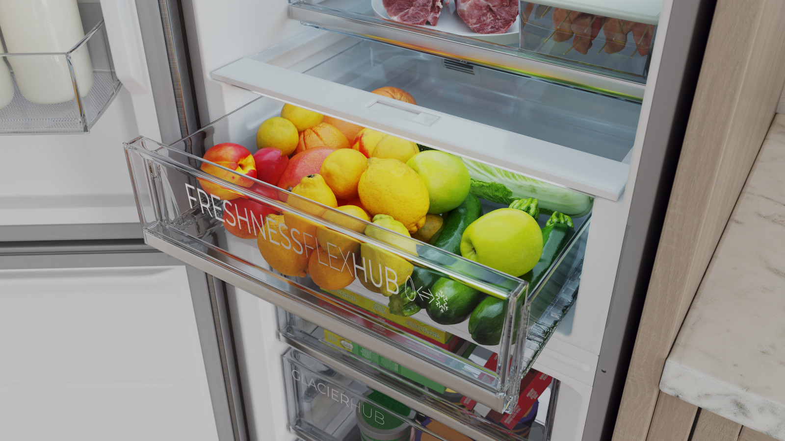 El Modo Smart ajusta automáticamente la temperatura del frigorífico, optimizando el consumo energético. Con un display exterior y puertas reversibles, ofrece flexibilidad en la instalación. Además, el botellero integrado y el GreenHub XL proporcionan un espacio adicional para almacenar productos frescos y botellas de manera organizada.
