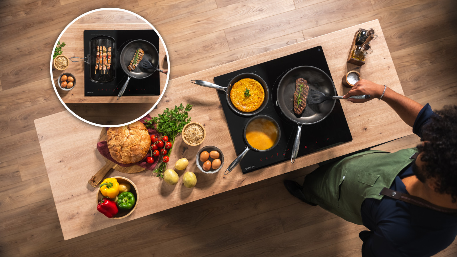 El Flex Zone permite que sus dos fuegos funcionen de manera independiente o conjunta, adaptándose a tus necesidades culinarias y brindando la máxima eficiencia en el uso del espacio y el calor. Con una potencia total de 7400W y 9 niveles de potencia con Función Booster, la placa asegura una cocción rápida y precisa para cualquier receta.