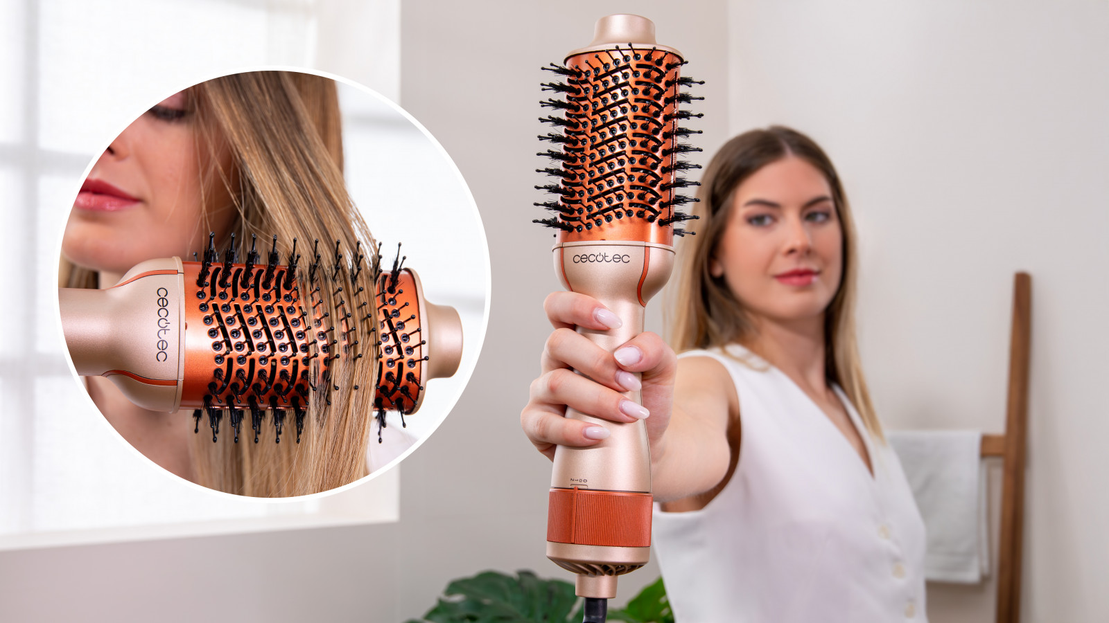 Cepillo de aire de cerámica avanzada con queratina y aceite de argán que permite un deslizamiento del cabello ultrasuave, reduce el encrespamiento y deja un acabado brillante.