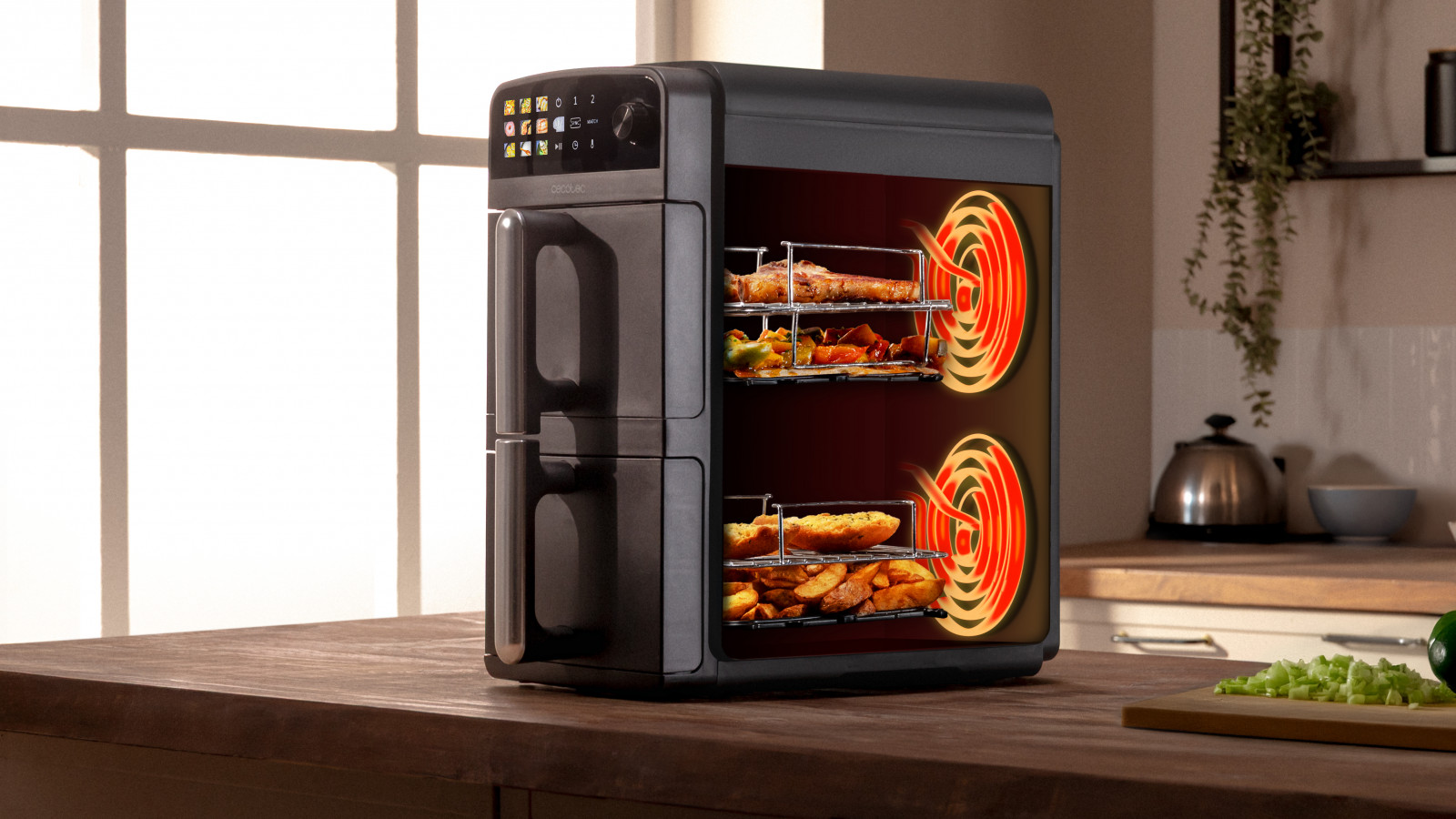 Cocina a tu gusto. Temperatura regulable de 35 a 210 ºC para cocinar cada ingrediente a la temperatura ideal. Recetas perfectas con un clic. 10 menús: elige el más adecuado para cada momento y olvídate de las preocupaciones, la Cecofry ajustará automáticamente el tiempo y la temperatura para obtener el punto ideal.