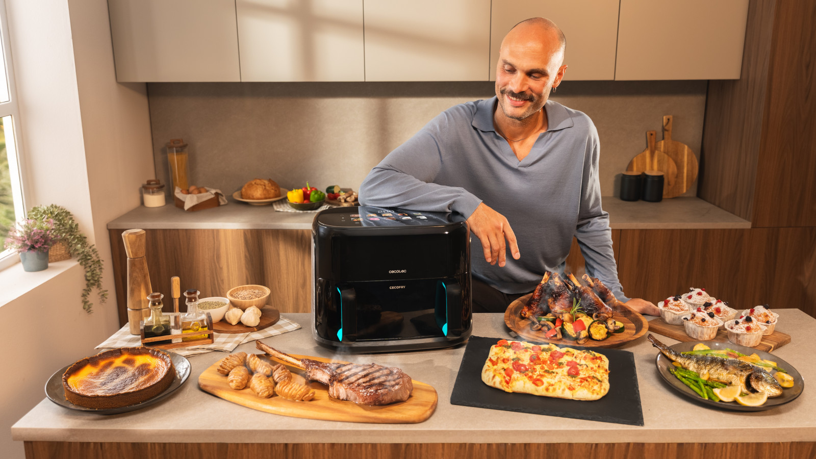 Cocina todo con tu Cecofry gracias a su diseño que incorpora freidora de aire, grill para carne y plancha para prepara pizzas con masas perfectas.