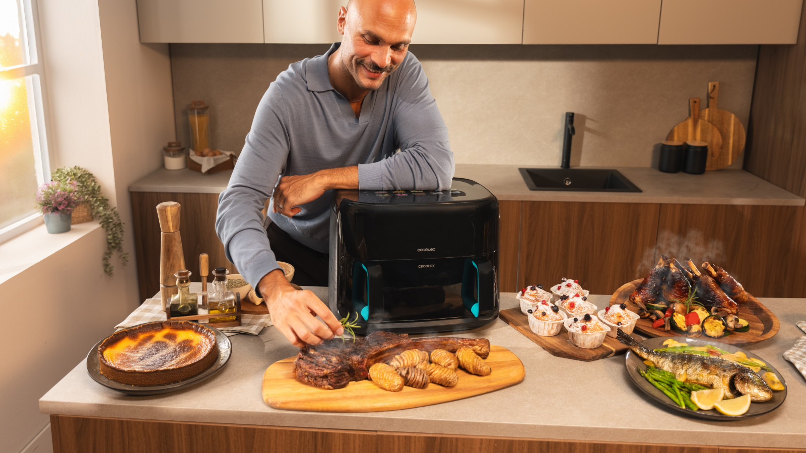 Funciones Sync y Match para máxima flexibilidad: La función Sync permite que ambas cubetas terminen de cocinar al mismo tiempo con diferentes configuraciones, mientras que la función Match empareja temperatura y tiempo en ambas cubetas, garantizando una cocción uniforme y conveniente para preparar grandes cantidades o comidas completas simultáneamente.