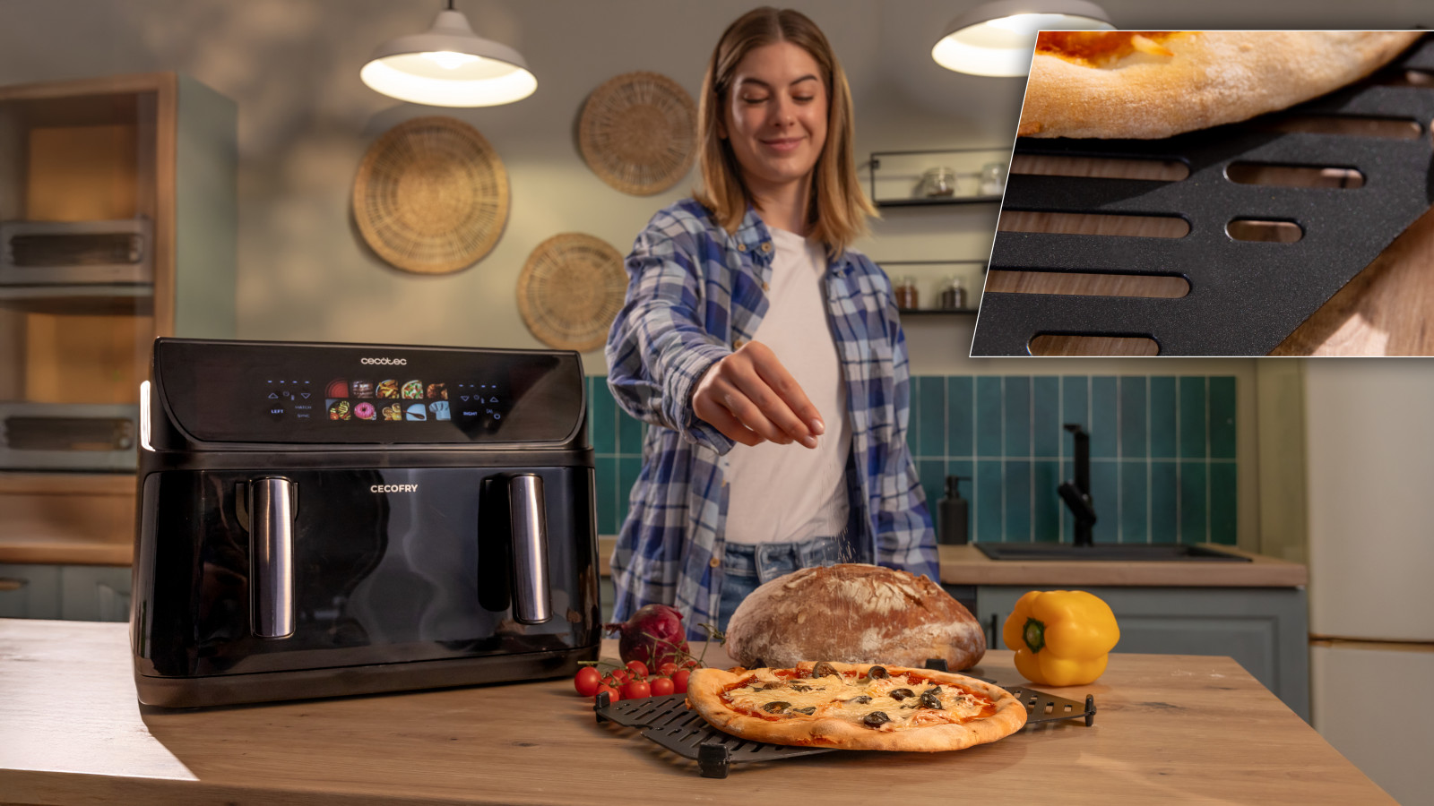 Funciones Sync y Match para máxima flexibilidad: La función Sync permite que ambas cubetas terminen de cocinar al mismo tiempo con diferentes configuraciones, mientras que la función Match empareja temperatura y tiempo en ambas cubetas, garantizando una cocción uniforme y conveniente para preparar grandes cantidades o comidas completas simultáneamente.