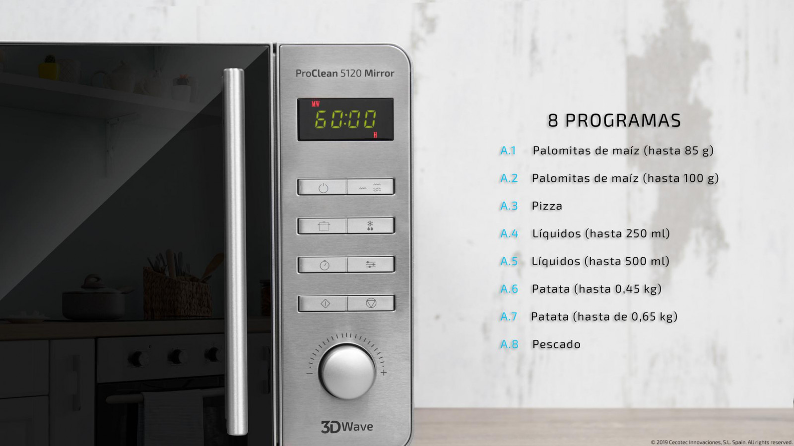 Inicio Automático: programa el microondas para que se ponga en marcha a la hora de comer; temporizador hasta 60 minutos con avisador acústico de final de cocción; seguro infantil para proteger a los más pequeños
