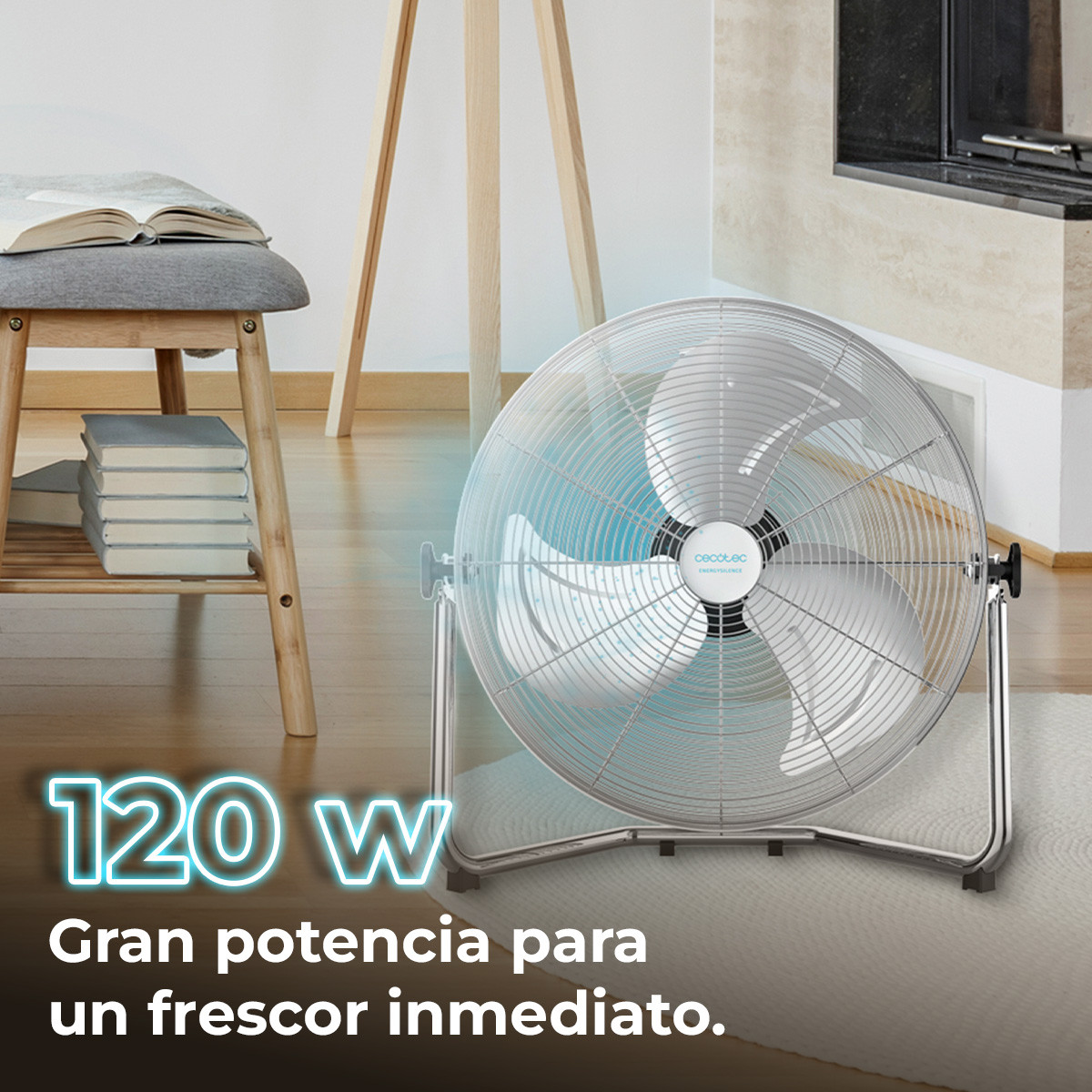 Ventilador de máxima potencia de 120 W que consigue un gran flujo de aire gracias a la calidad de sus materiales y a su diseño. Inclinación ajustable para adecuarse a cada usuario y situación.
