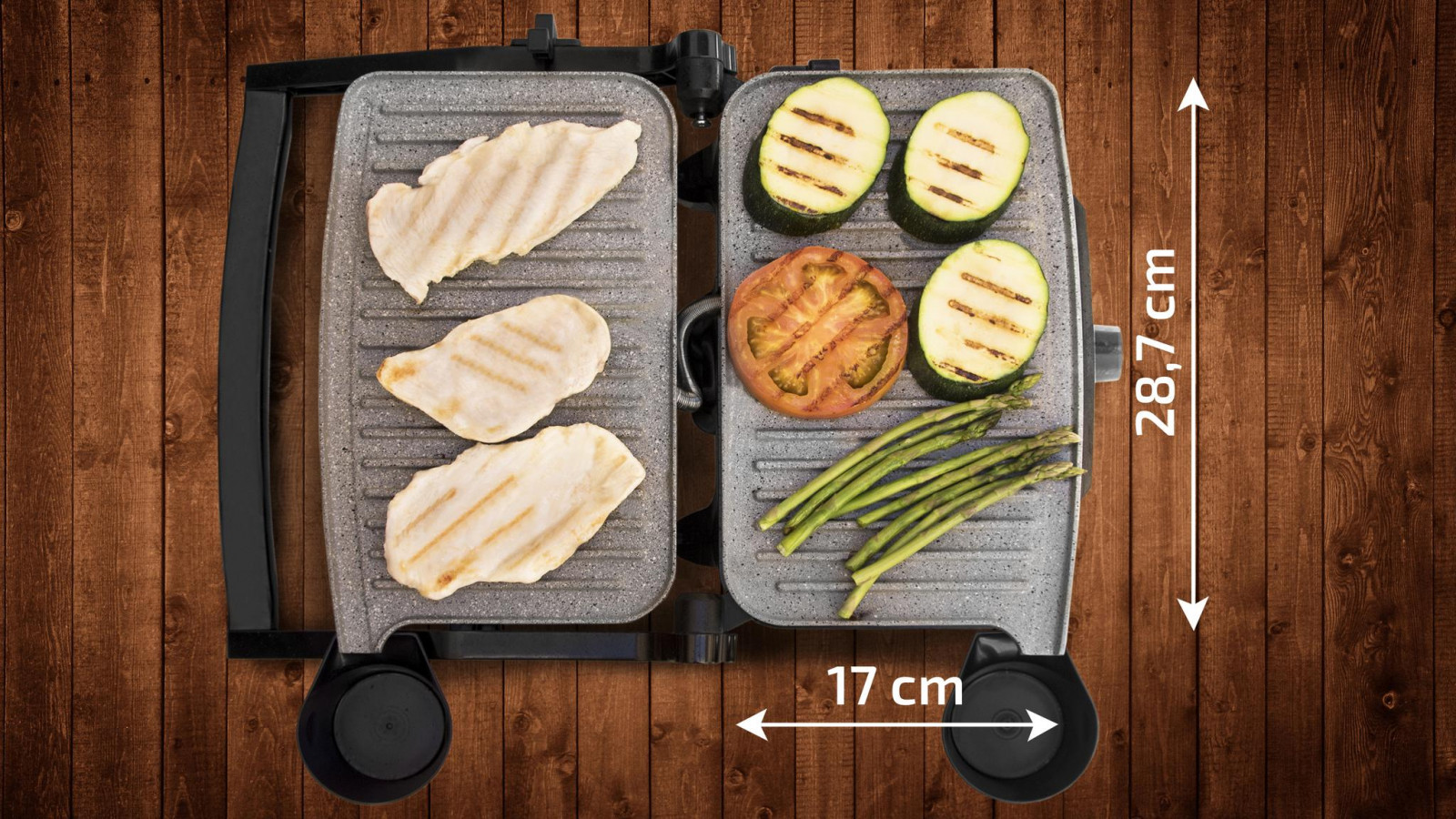 Placa superior flotante que se adapta en altura; permite mantener la placa en el aire mediante una posición de la pinza para crear un efecto horno; superficie amplia de cocinado de 28,7 x 17 cm.