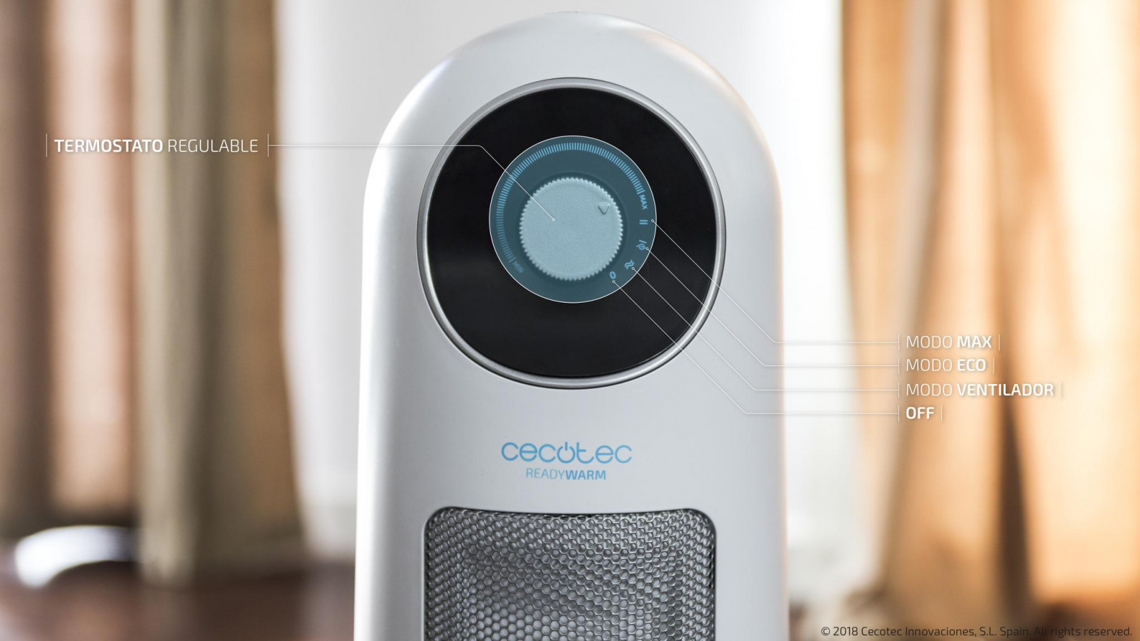 Ceramic Technology: rápida emisión de calor con la máxima eficiencia y seguridad. Termostato regulable con dos niveles de potencia: potencia mínima de 1200 W y potencia máxima de 2200 W. Gracias a este ajuste se optimiza el consumo de energía. Cuenta con un filtro de partículas de polvo para alargar la vida útil del dispositivo.