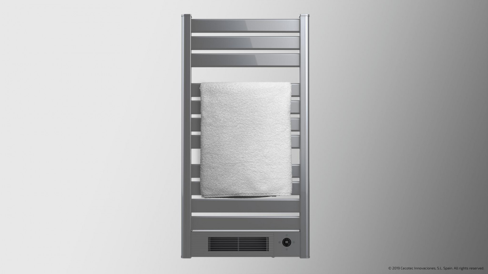 Toallero eléctrico de aluminio de 2000 W de potencia máxima con calefactor cerámico incorporado (500 W toallero + 1500W calefactor cerámico). Doble sistema de uso del toallero eléctrico: secar las toallas húmedas y calentar estancias de hasta 10 m2 de forma rápida y eficiente.