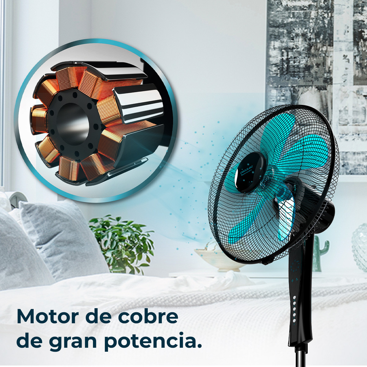 Gran potencia de 50 W que facilita la ventilación de la estancia que junto con su motor de cobre aporta una gran calidad, eficiencia y durabilidad al ventilador, además de colaborar en su proceso de ventilación.