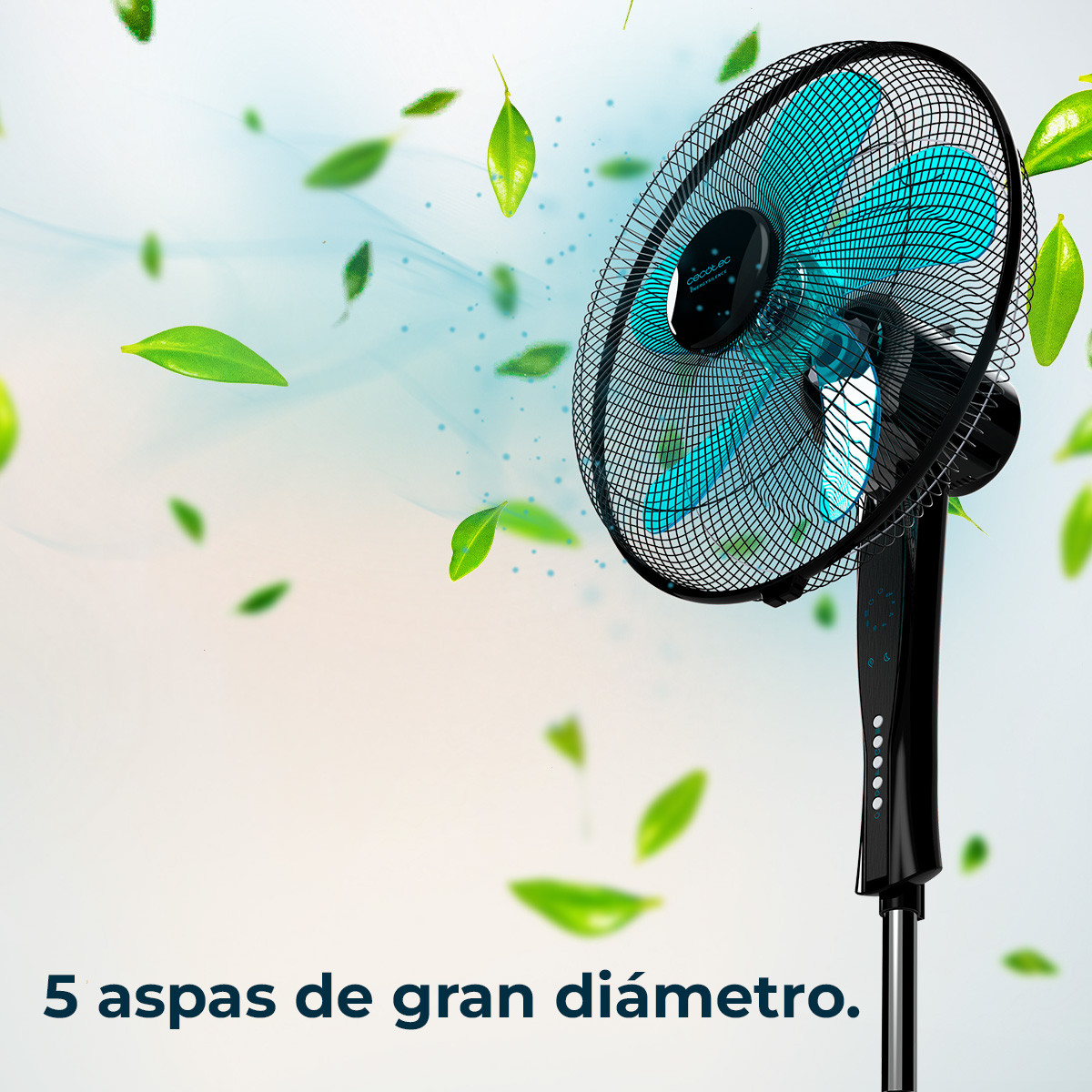 Las 16 pulgadas del ventilador y sus 5 aspas, equivalentes a 40 cm, le aportan un gran diámetro que potencia la salida del flujo de aire.