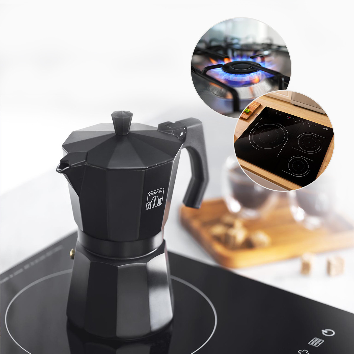 Apta para todas las superficies térmicas, consigue tu espresso perfecto ya sea en una cocina de inducción, gas, eléctrica o vitrocerámica.