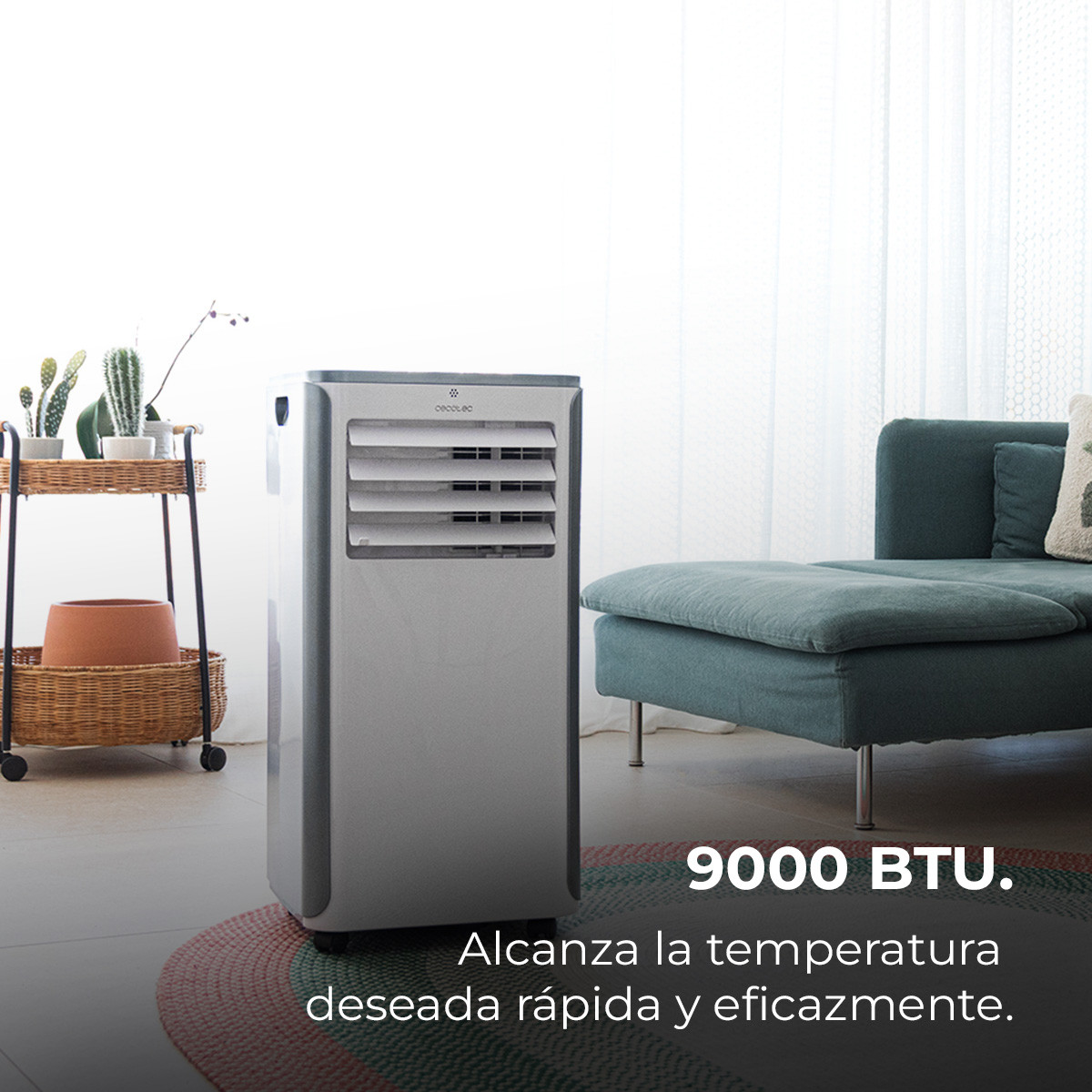 Aire acondicionado portátil con una gran capacidad de enfriamiento de 9000 BTU. Dicha capacidad facilita conseguir la temperatura deseada en la estancia de manera rápida y eficaz. La bomba de calor del aire acondicionado permite también ser utilizado en invierno con el fin de aumentar la temperatura de la estancia en la cual sea ubicado. Su gran área de cobertura de entre 20 m² y 25 m², dependiendo de la altura y la morfología de la estancia, permite adaptar y modificar la temperatura de la estancia a los grados deseados, ya sea para reducir los grados en verano, o aumentarlos en invierno.