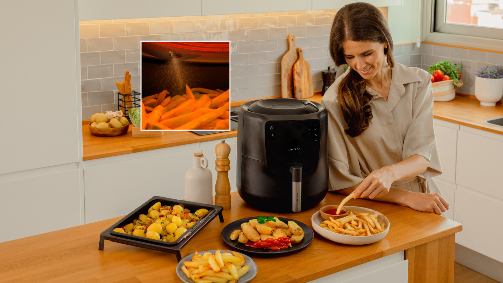 Menús predefinidos y función DIY: la Cecofry Rain cuenta con 8 menús predefinidos que simplifican el proceso de cocinar tus platos favoritos. Además, tiene una función DIY para que puedas elaborar comidas a tu gusto y experimentar con diferentes recetas. La función pre-heat te permite obtener mejores resultados al precalentar la freidora antes de comenzar a cocinar.