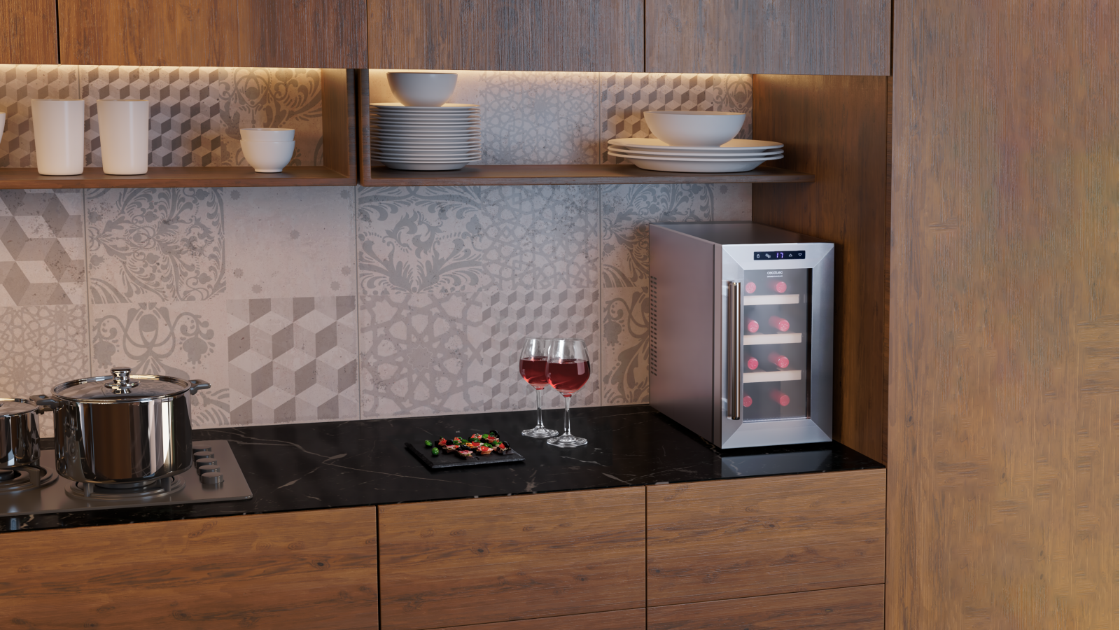 8 botellas. Espacio interior para 8 botellas. Termoeléctrica. Bajo nivel sonoro y alto rendimiento. Enfría mejor y más rápido, y no te preocupes por ruidos molestos.