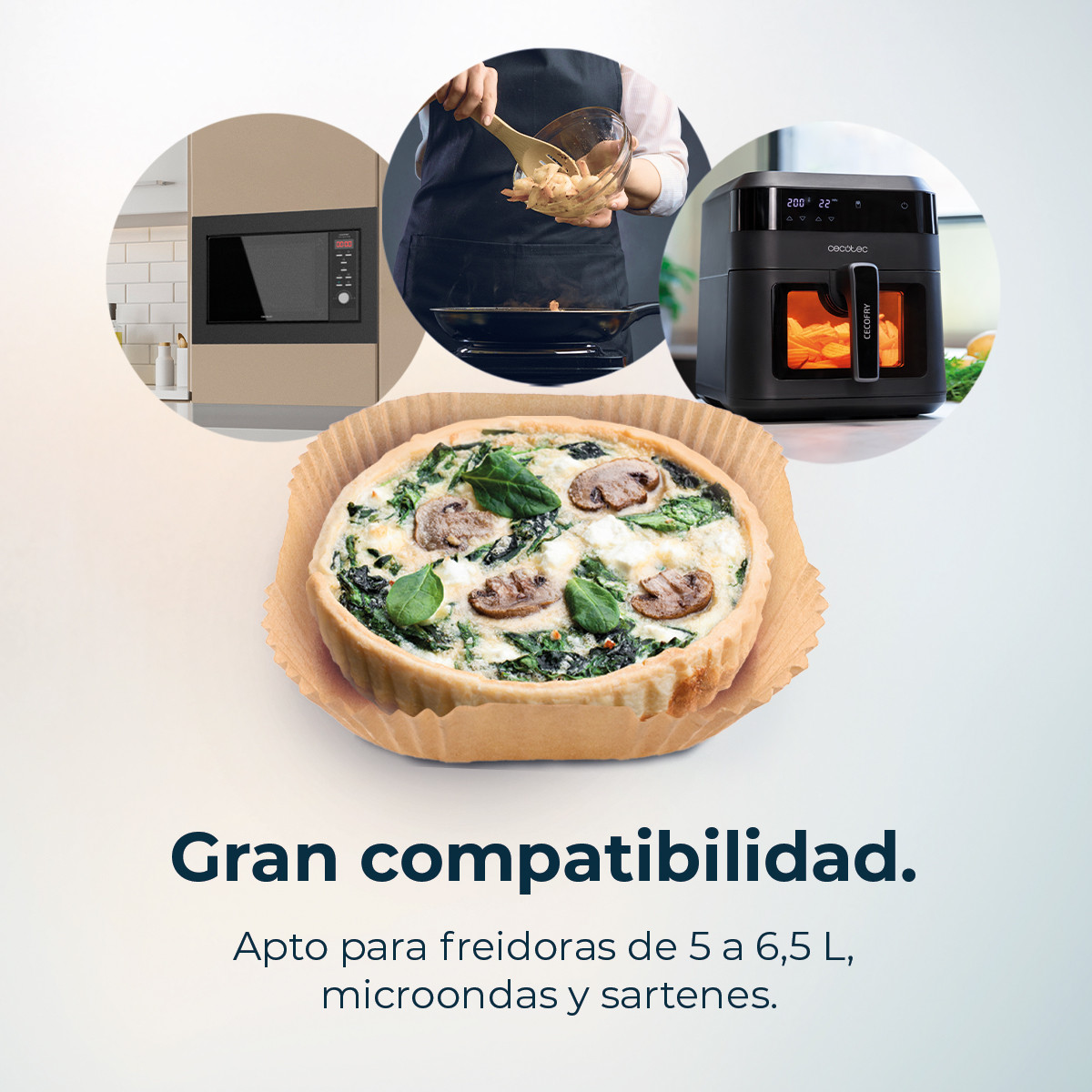 Este papel para freidora de aire es la solución perfecta para cocinar de manera práctica y versátil. Compatible con freidoras de aire de 5 a 6,5 litros, así como con otros métodos de cocción como microondas y sartenes, lo que te brinda la libertad de utilizarlo en diferentes aparatos de cocina.