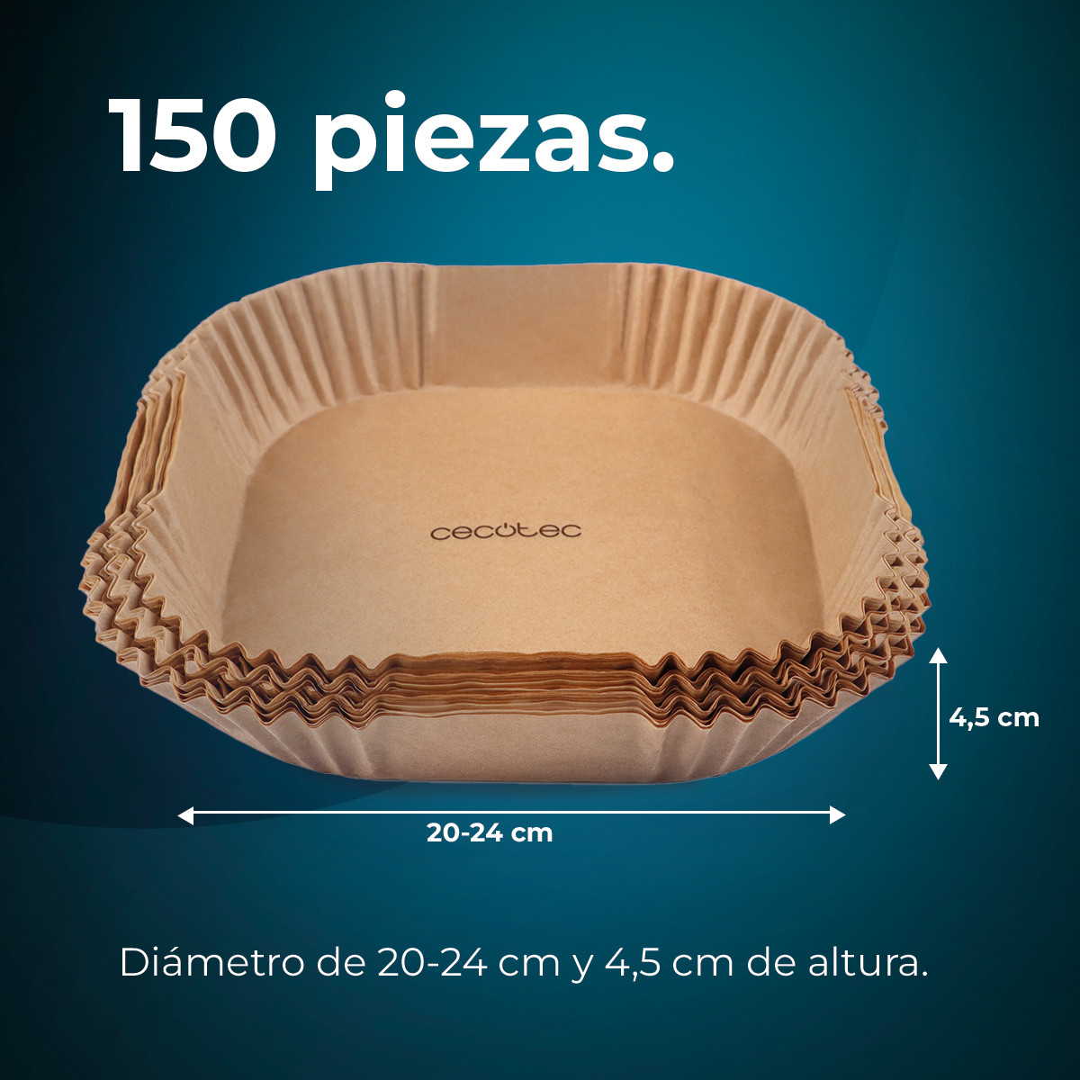 El paquete incluye 150 piezas de papel de cocina cuadrado, diseñadas especialmente para adaptarse a moldes de freidoras de aire con un diámetro de 20 a 24 cm y una altura de 4,5 cm. Con este suministro siempre tendrás a mano suficientes papeles para tus preparaciones, sin la necesidad de estar comprando constantemente.