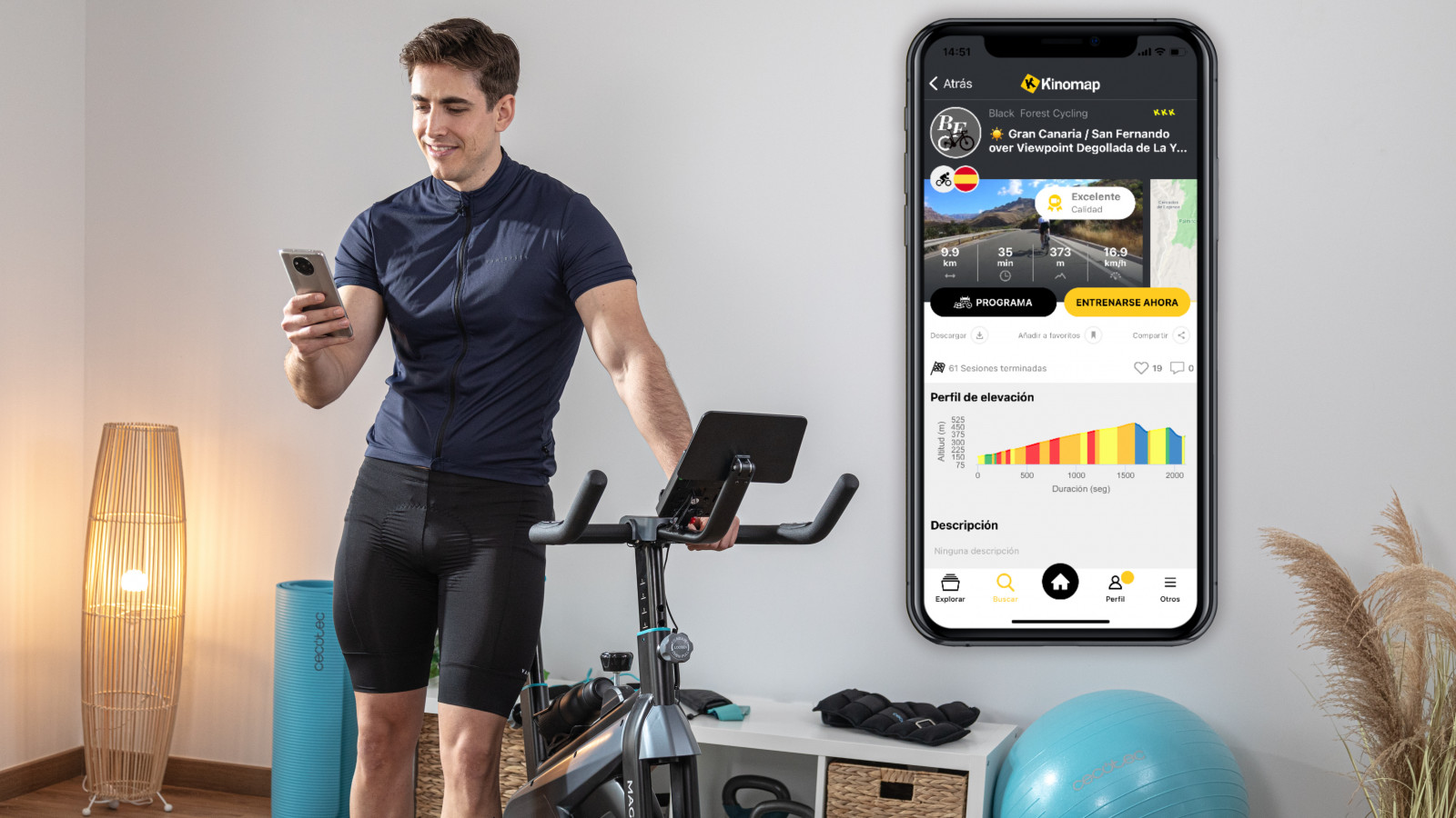 App de Kinomap: vincula tu bicicleta con la app de Kinomap y aprovéchate de su beneficios, como competir en línea contra otros usuarios, mantener un seguimiento de tus entrenamientos y explorar diversas rutas.