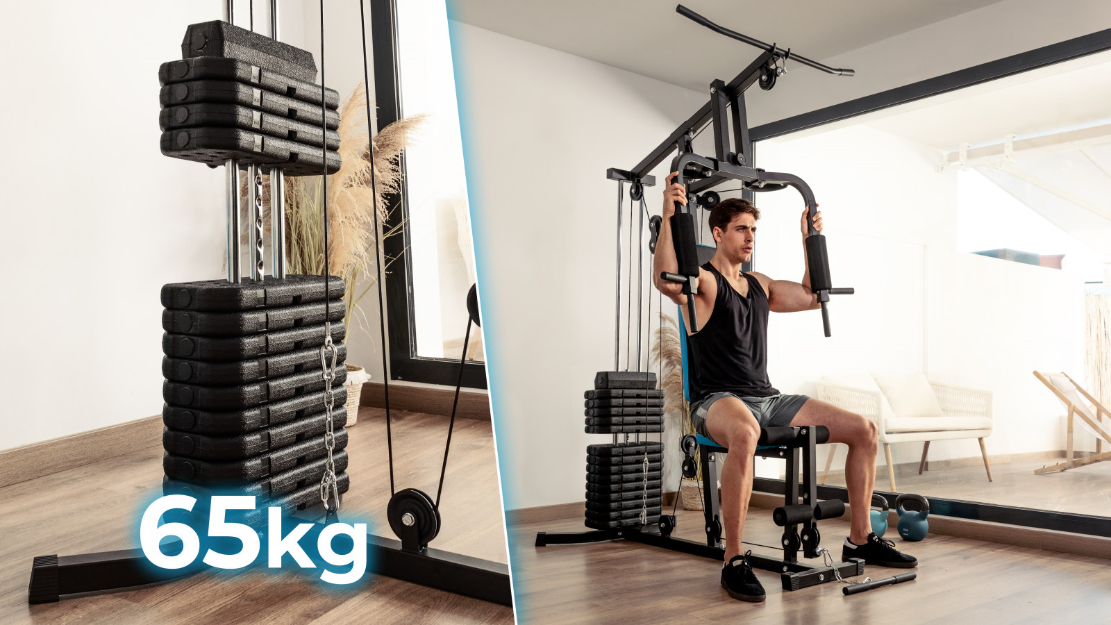 Hasta 65 kg de peso: varía el peso en cada ejercicio según tus exigencias hasta con 65 kg.