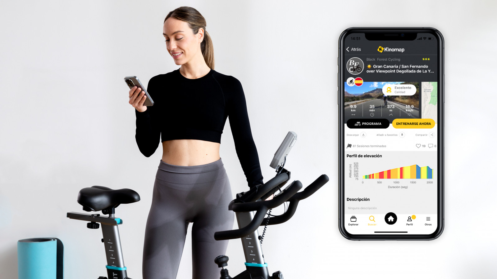 App de Kinomap: vincula tu bicicleta con la app de Kinomap y aprovéchate de su beneficios, como competir en línea contra otros usuarios, mantener un seguimiento de tus entrenamientos y explorar diversas rutas.