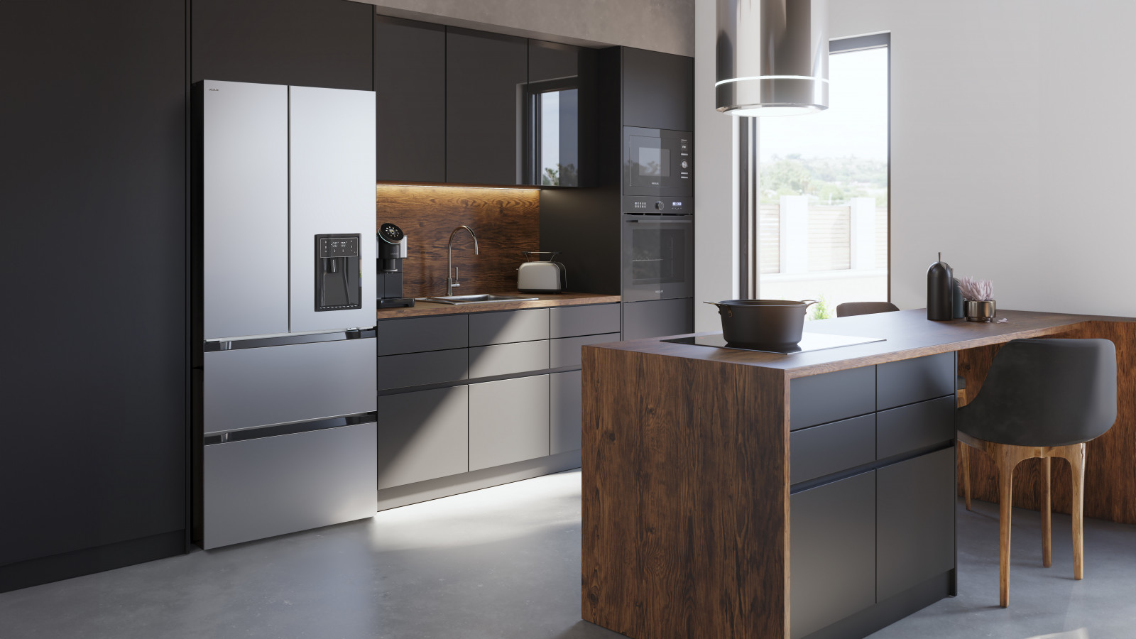 Frigorífico 4 puertas con 506 L de capacidad. Su diseño French Door permite abrir por zonas, lo que aporta mayor comodidad y mejor conservación del frío, a la vez que ahorra energía. Clase E: clasificación energética óptima para un frigorífico.