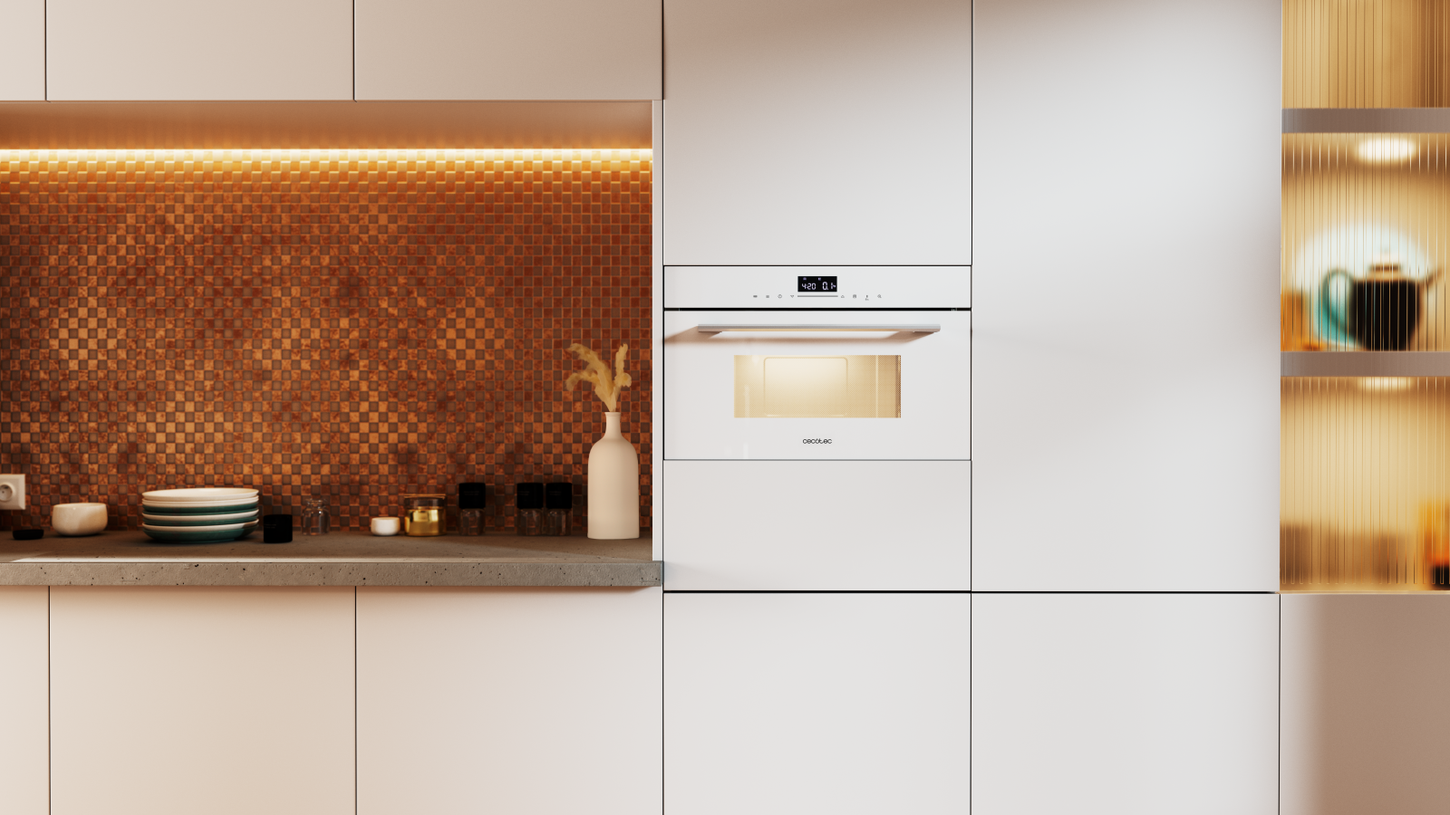 Microondas y grill, todo en uno. Diseño 2 en 1 que combina la versatilidad de un microondas con la potencia de un grill, para que obtengas resultados rápidos y consistentes en cada uso. Prepara recetas a lo grande en una sola tanda gracias a su gran capacidad de 34 L.