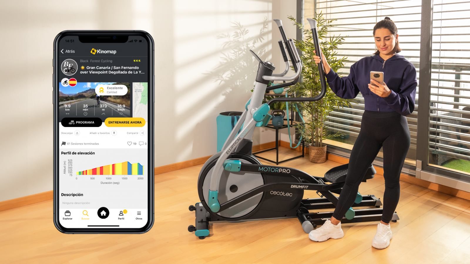 App de Kinomap: conecta tu elíptica a la app de Kinomap y disfruta de sus ventajas, como el ajuste automático del nivel de resistencia y de la inclinación al detectar pendientes o desniveles en la ruta seleccionada.