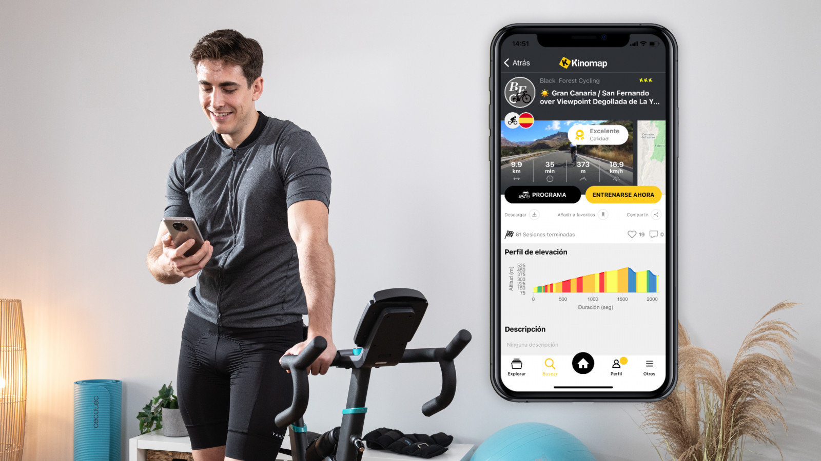 App de Kinomap: conecta tu bicicleta a la app de Kinomap y disfruta de sus ventajas, como el ajuste automático del nivel de resistencia y de la inclinación al detectar pendientes o desniveles en la ruta seleccionada.